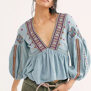 Free People Deep V Embroidered Top